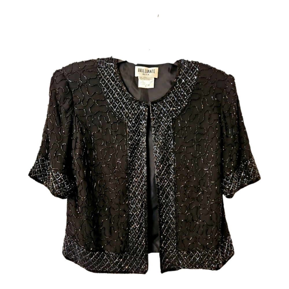 "Brillante by J.A." Black Beaded Silk Short Sleeve Jacket; Size Small